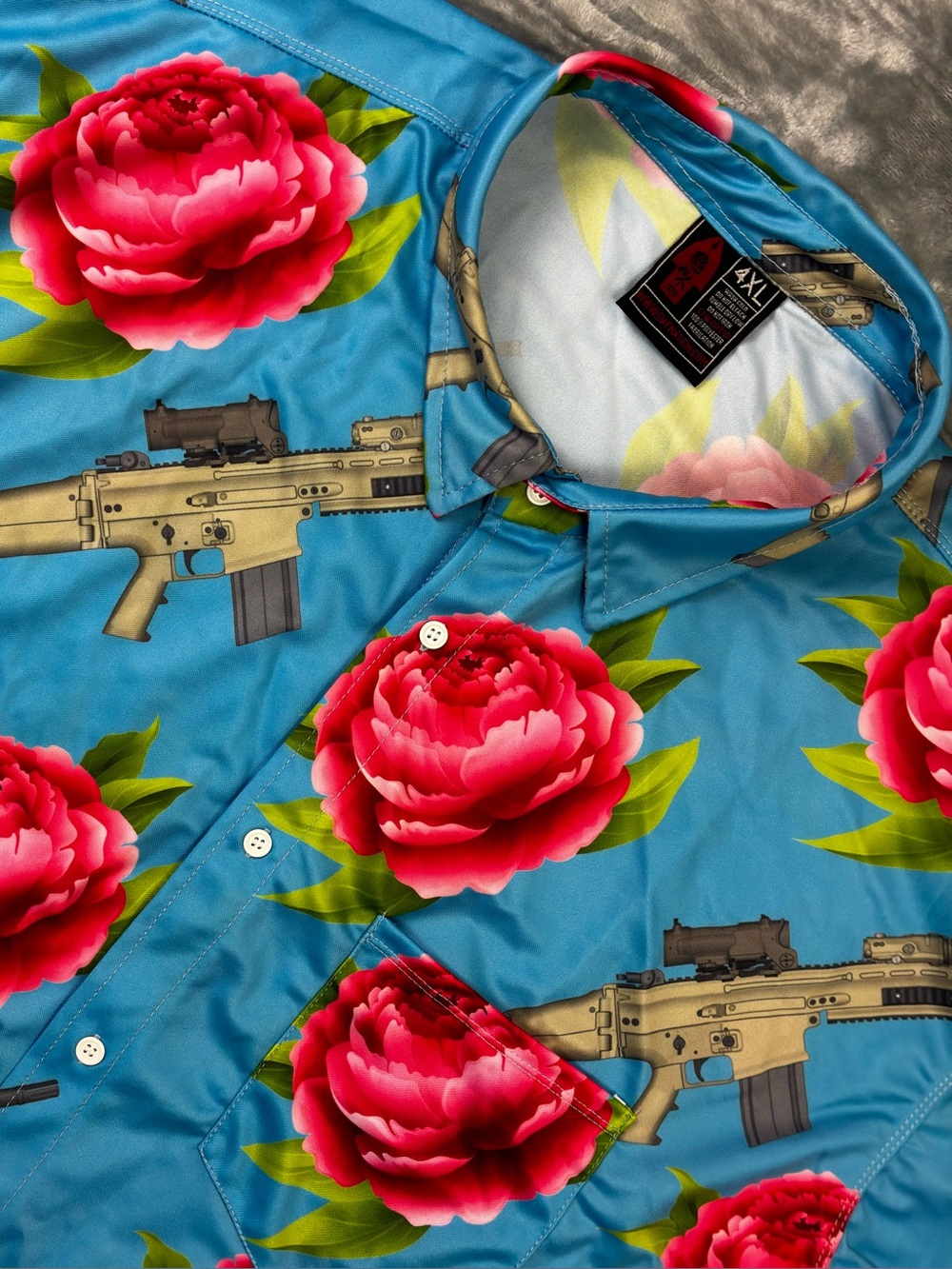 Oaf Nation Hawaiian Shirt Size 4XL Blue Guns Roses Polyester Resortwear Vacation